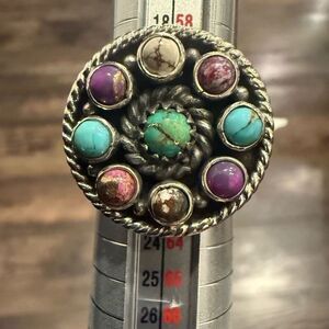 Southwestern Multi Turquoise Adjustable Round Sterling Silver Ring Artisan Made